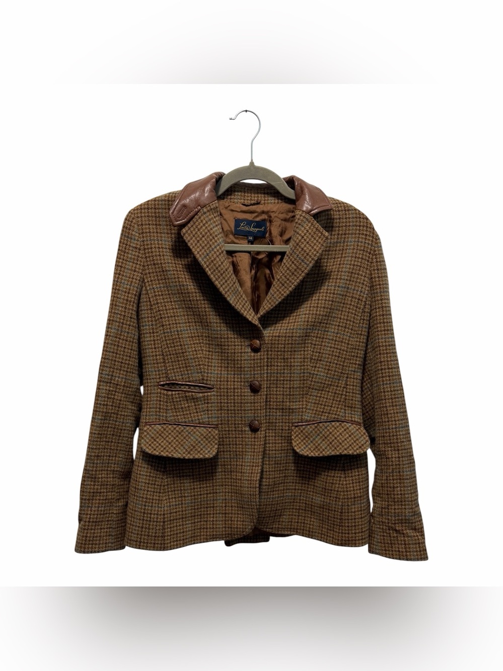 Luisa Spagnoli Jacket w/Leather Collar Plaid Dark‎ Academia Quiet Luxury Size 44